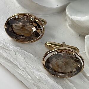 Large Gold Tone Oval Smokey Quartz Cufflinks Vintage